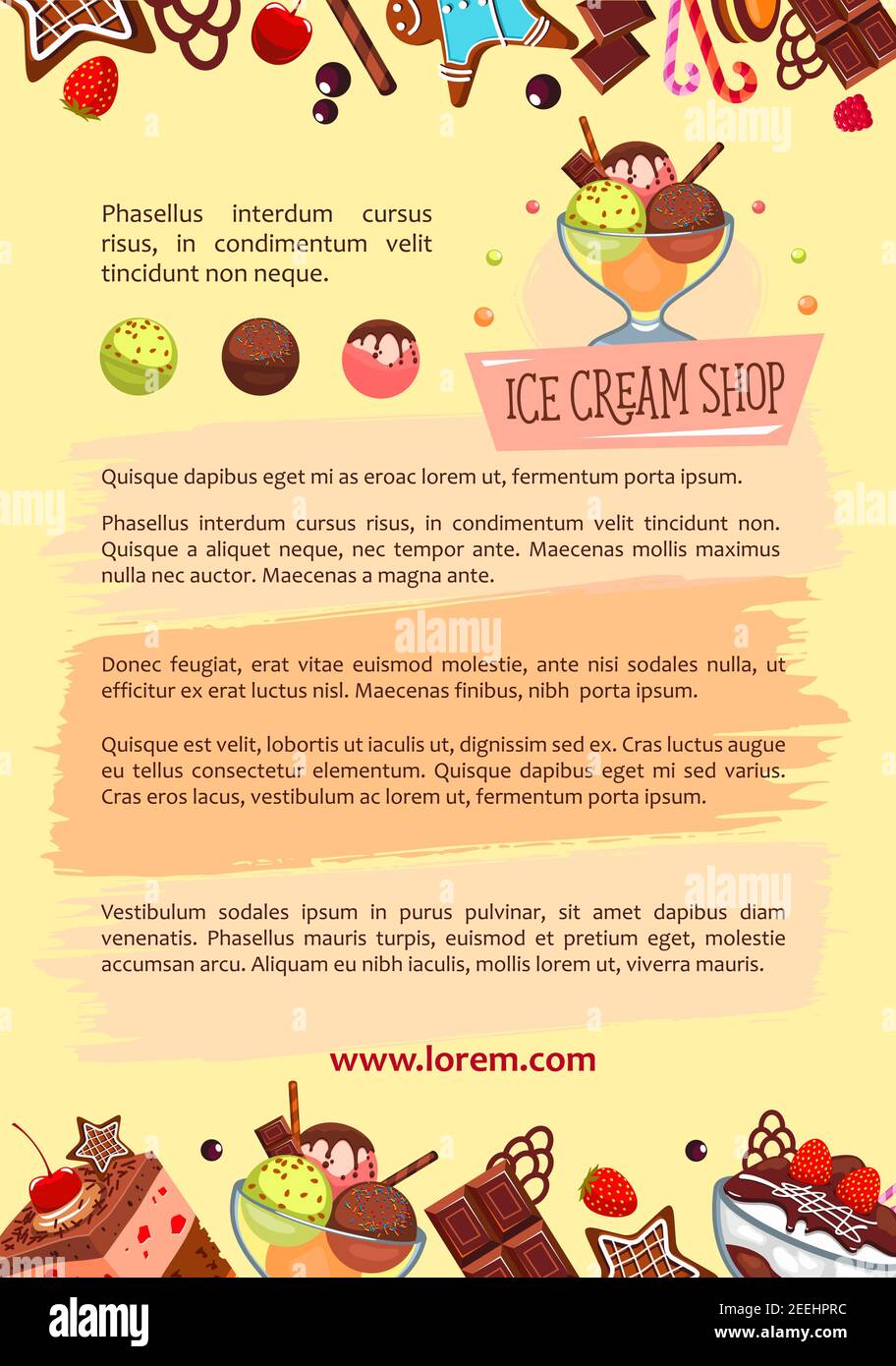 Modèle d'affiche du magasin de crème glacée pour le dessert surgelé. Motif vectoriel de fruits frais doux ou de glaces aux baies en cône de cachets, sorbet au chocolat ou sund Illustration de Vecteur