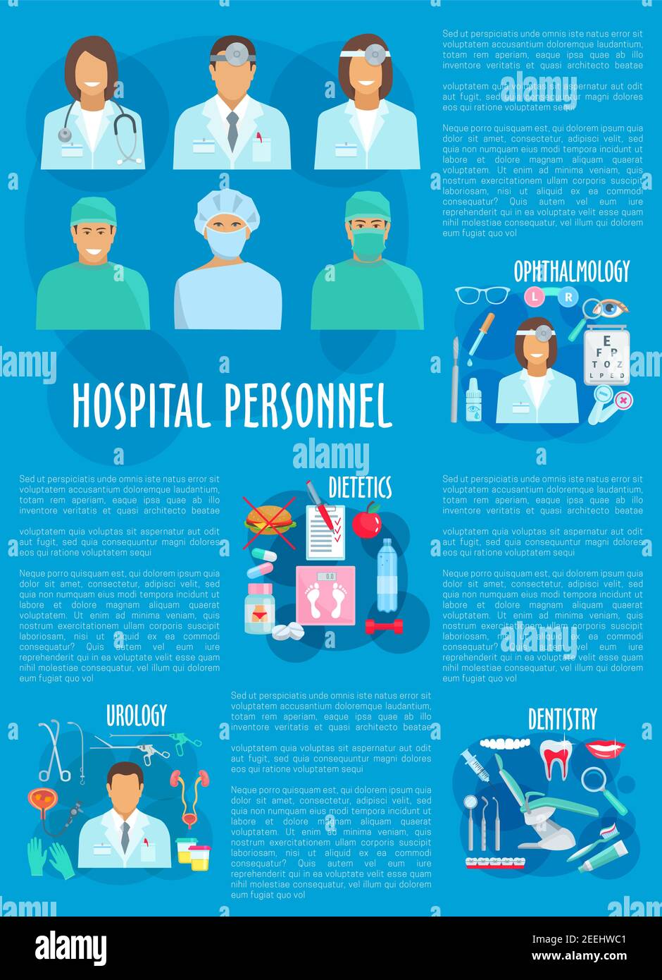 Affiche du personnel médical en dentisterie, urologie, diététique et ophtalmologie et du médecin de l'hôpital. Dentiste, urologue, diététicien et ophtalmologiste avec p Illustration de Vecteur