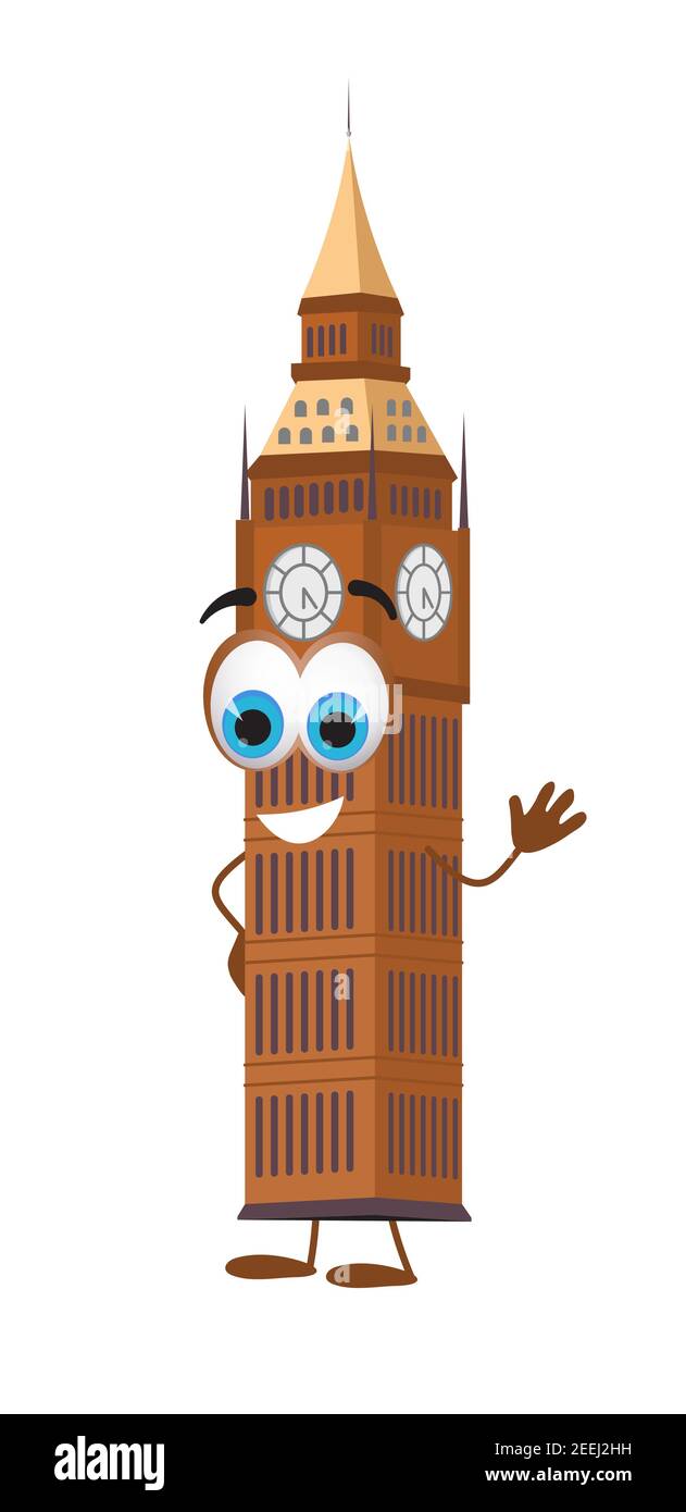 Collection d'objets de voyage drôle: Drôle Big Ben Tower sur fond blanc, dessin vectoriel plat Illustration de Vecteur