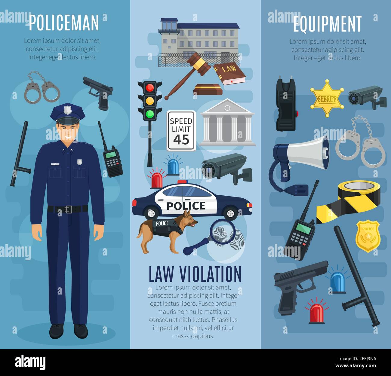 Jeu de bannières pour policier, équipement de police et violation de la loi. Officier de police portant un uniforme avec badge, arme à feu, bâton, radio, menottes, voiture de patrouille, shérif Illustration de Vecteur