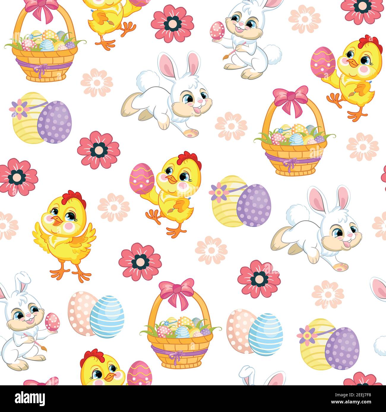 Motif vectoriel sans couture avec le concept Pâques. Lapins, poulets et panier avec œufs de pâques. Illustration colorée isolée sur fond blanc. Pour pr Illustration de Vecteur