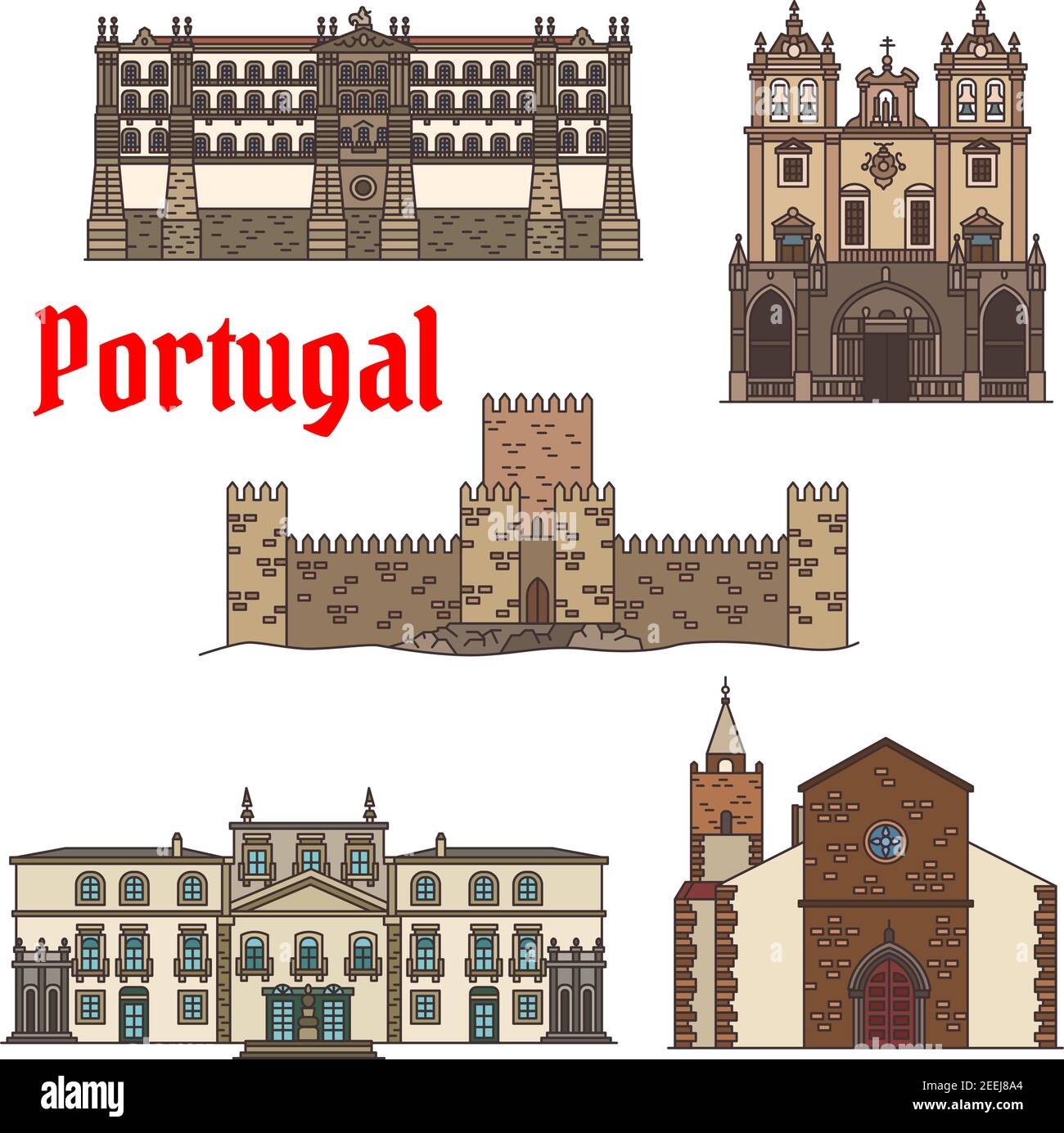 Visite touristique de l'architecture portugaise icône avec le couvent linéaire de Santa Clara, la cathédrale catholique romaine de Funchal, l'ancien château avec tour, Cathed Illustration de Vecteur
