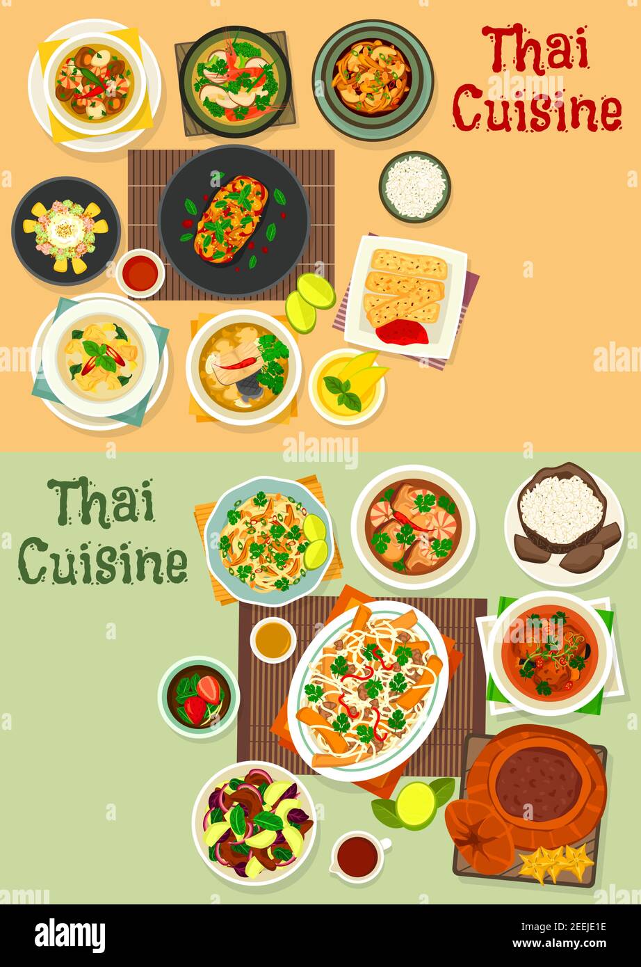 Cuisine thaïlandaise ensemble d'icônes de nourriture saine avec poulet et curry de poisson, riz à la noix de coco, rouleau de printemps, salade de légumes de viande, soupe de champignons, nouilles de poulet avec à Illustration de Vecteur