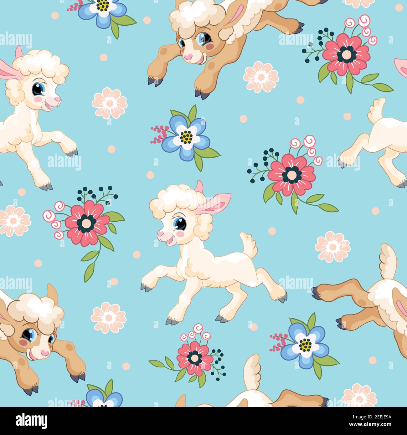 Motif vectoriel sans couture avec des personnages de dessin animé, des agneaux et des fleurs blancs mignons. Illustration colorée isolée sur fond bleu. Pour l'impression, t-shirt, d Illustration de Vecteur