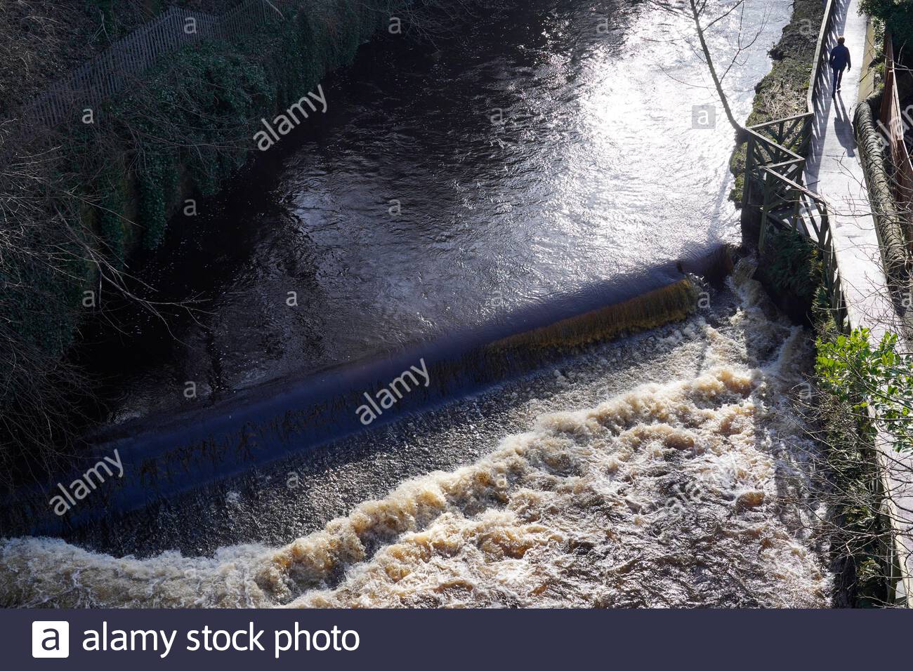 Édimbourg, Écosse, Royaume-Uni. 16 février 2021. La neige fond sur une eau à écoulement rapide de Leith avec de nombreux déversoirs et cascades débordant d'eau blanche turbulente et la passerelle infranchissable dans les endroits nécessitant un détour. Vue BirdsEye d'une chute d'eau à écoulement rapide. Crédit : Craig Brown/Alay Live News Banque D'Images