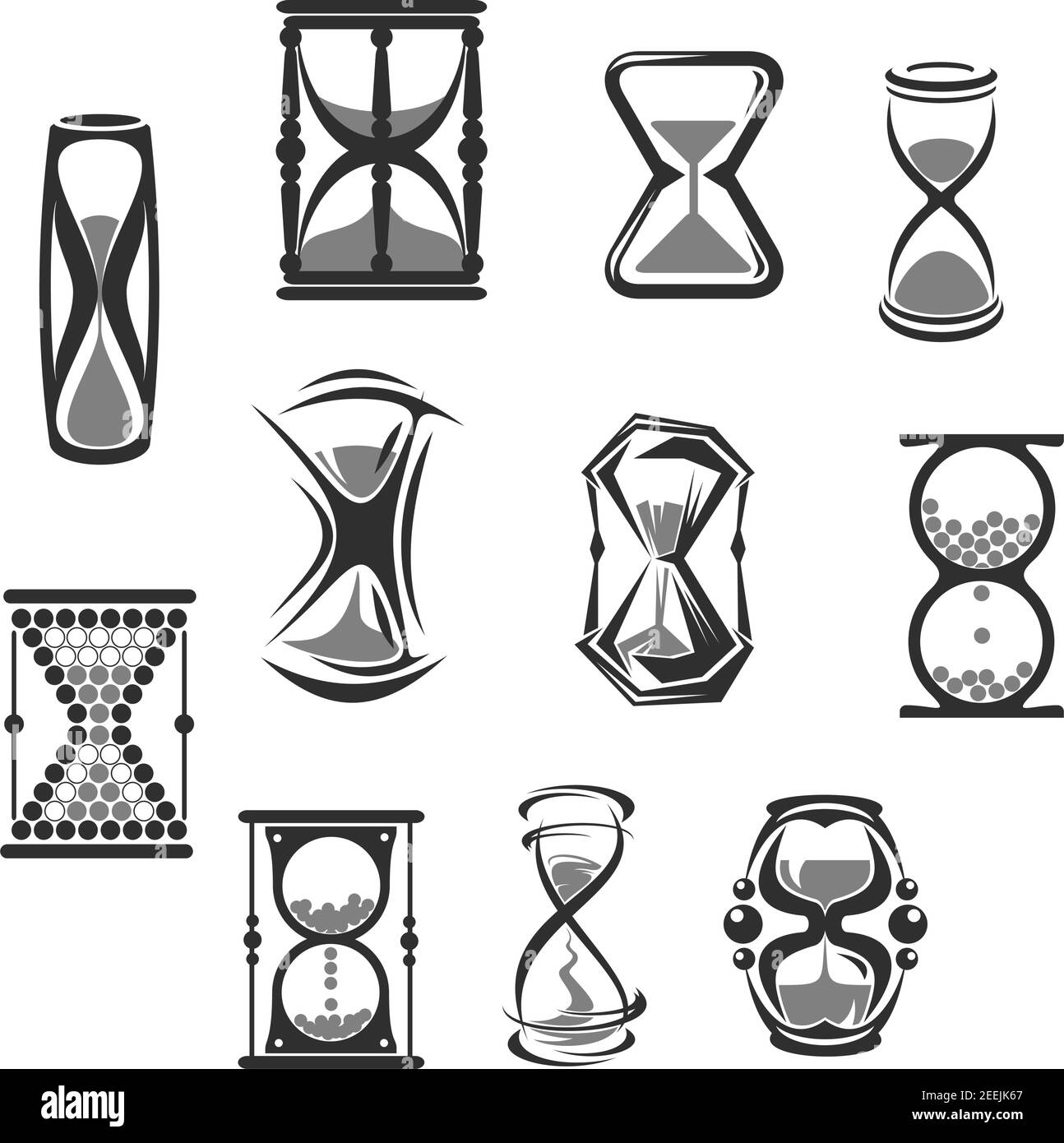 Ensemble d'icônes isolées HourGlass. Sablier, sablier, montre ou minuteur silhouettes grises, instruments de mesure du temps vintage pour le temps ou le compte à rebours Illustration de Vecteur