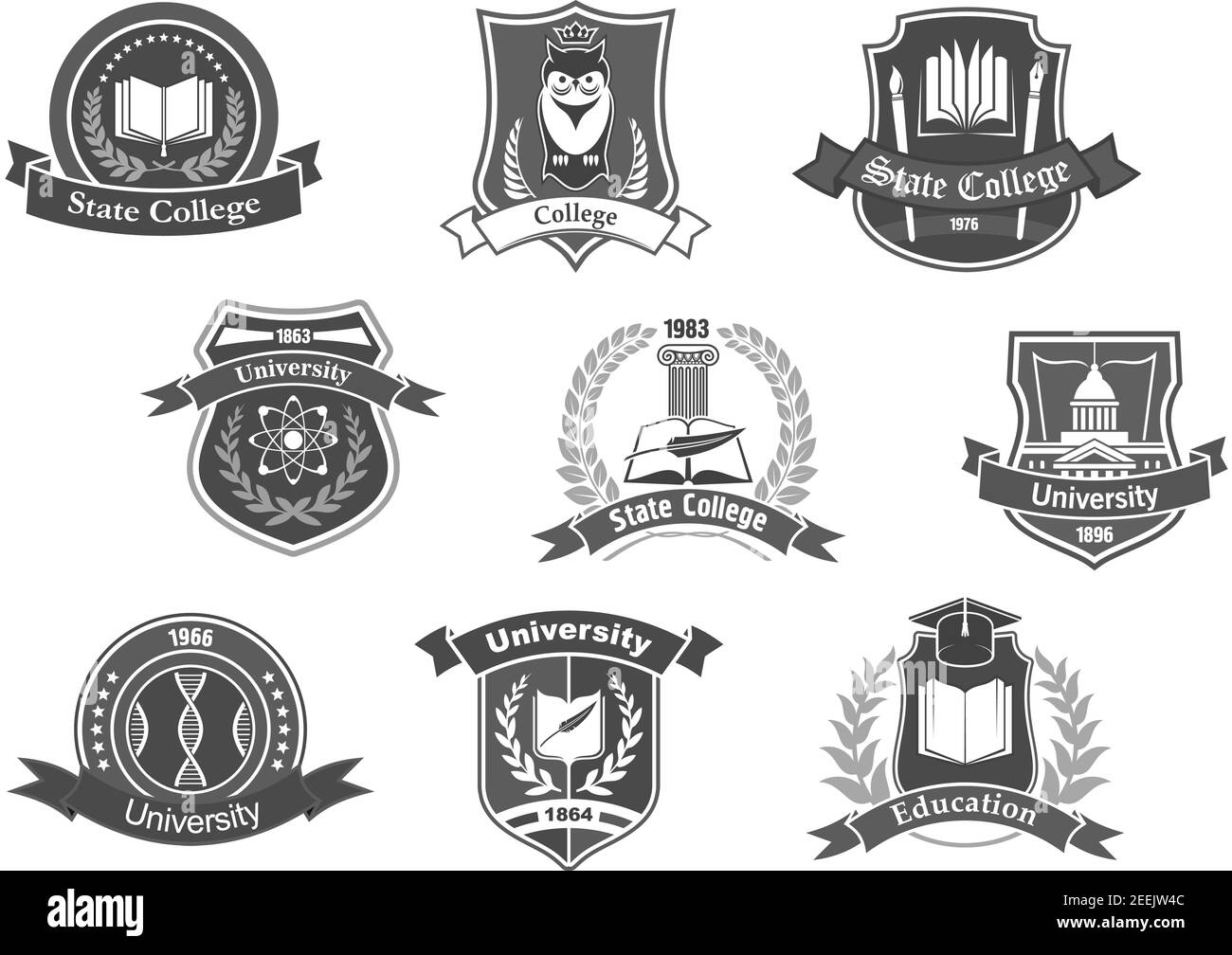 Icônes vectorielles collège, université et académie. Symboles isolés de livres scientifiques, hibou en chapeau de graduation, feuille de papier et stylo à écrire avec ruban de Laurier Illustration de Vecteur