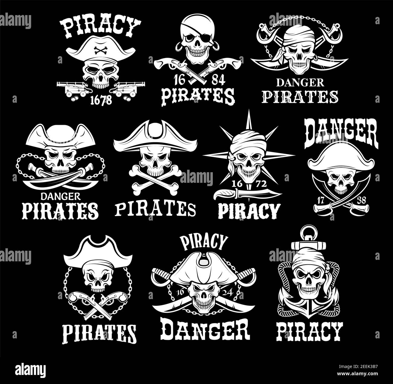 Jolly Roger crânes ou icônes de tête de squelette de pirate sur fond de drapeau noir. Vecteur isolé symboles de piraterie du crâne de capitaine dans le chapeau de marin tricorne, cros Illustration de Vecteur