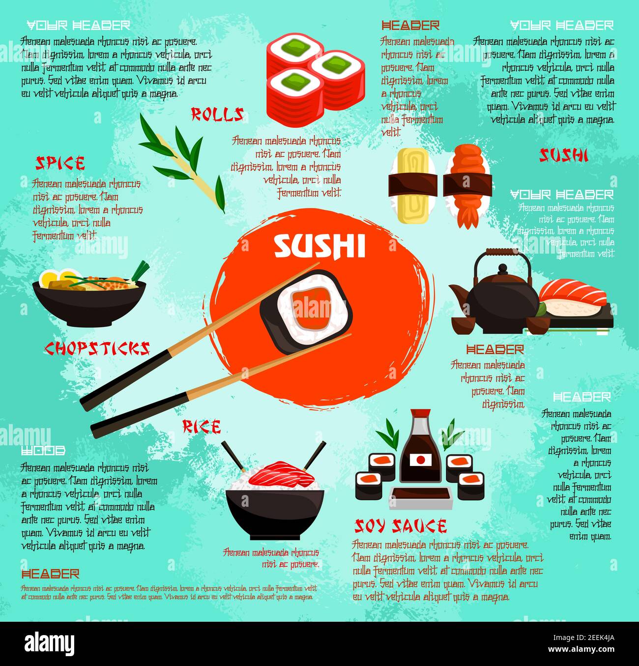 Modèle d'affiche pour le menu des restaurants de sushis et de fruits de mer japonais. Rouleaux de sushi Vector, sashimi de saumon ou de thon, nouilles de fruits de mer et soupe d'algues, anguille mak Illustration de Vecteur