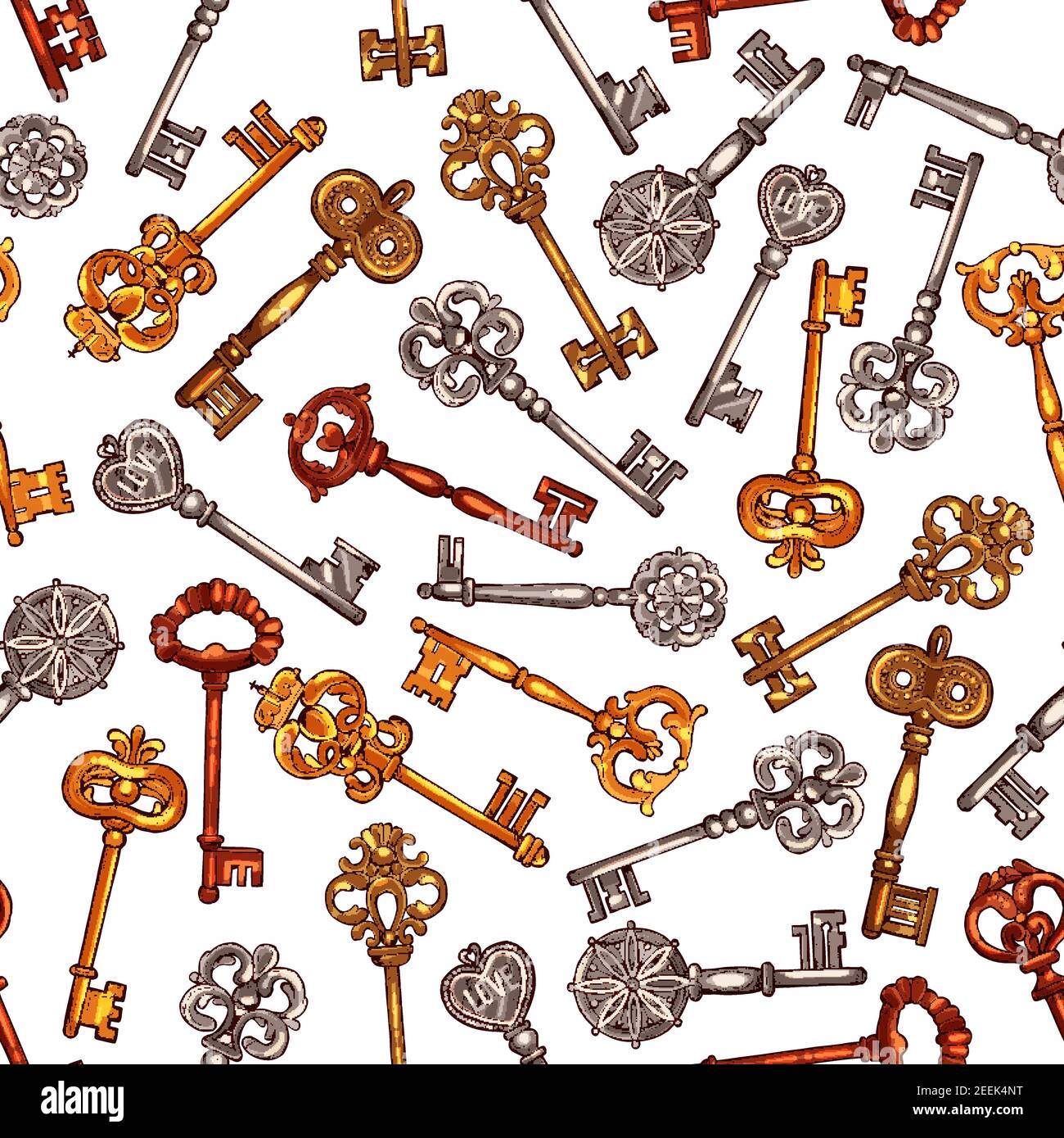 Arrière-plan de motif sans couture. Clés de porte vintage et croquis de clés de squelette médiéval, décorées avec des fleurs victoriennes héraldiques, couronne, coeur et Illustration de Vecteur