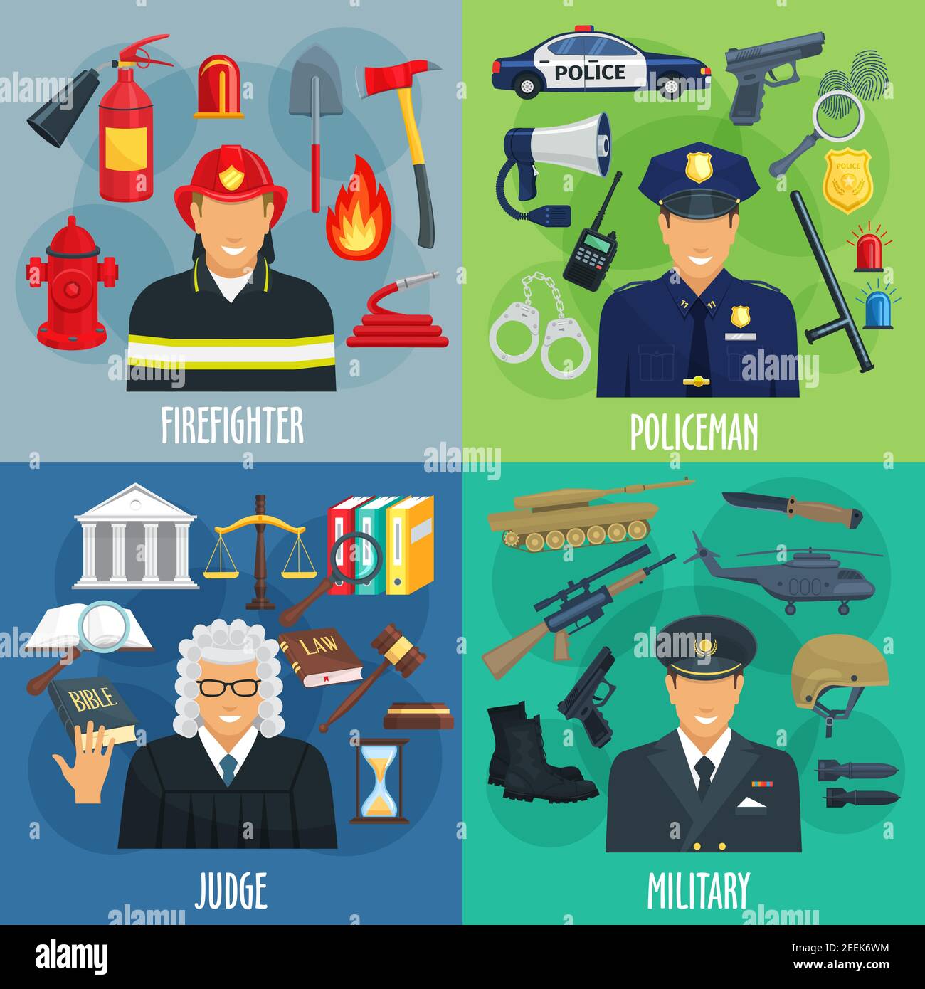 Jeu d'icônes de profession de policier, pompier, militaire et juge. Hommes  de dessin animé en uniforme avec des symboles d'outils, d'équipement,  d'armes et de justice pour emergen Image Vectorielle Stock - Alamy