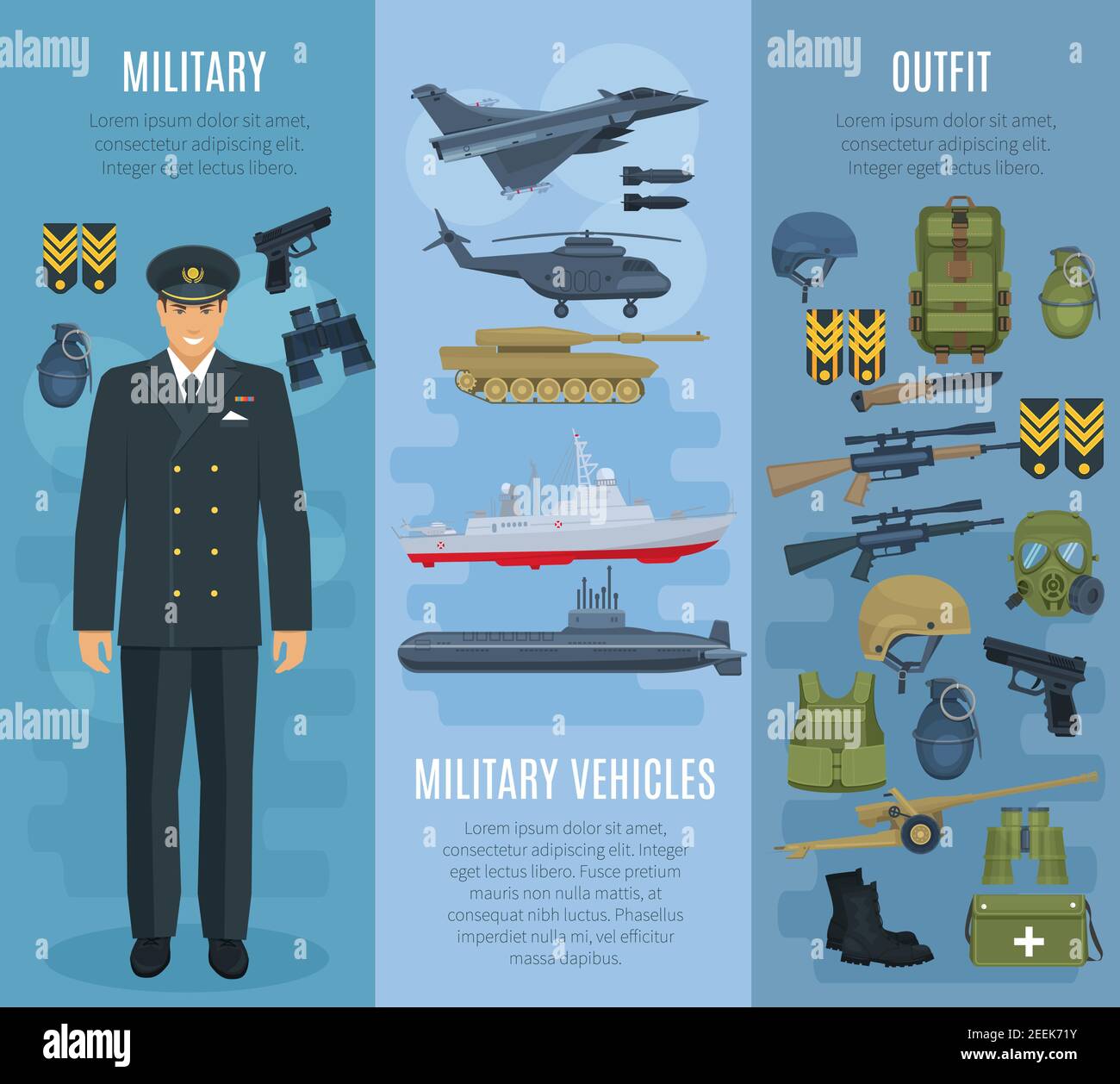 Munitions, véhicules et bannières d'équipement des forces militaires. Arme vecteur arme arme fusil et fusil, uniforme militaire soldat, veste blindée et casque, wartim Illustration de Vecteur