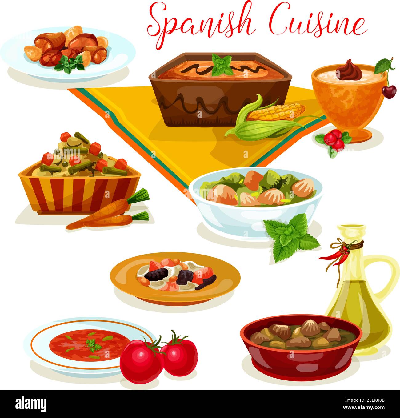 Cuisine espagnole savoureux menu du dîner icône de soupe de haricots de porc avec jambon et saucisse, riz au lait, ragoût de légumes de viande et de foie, poulet à la sauce au vin, tom Illustration de Vecteur