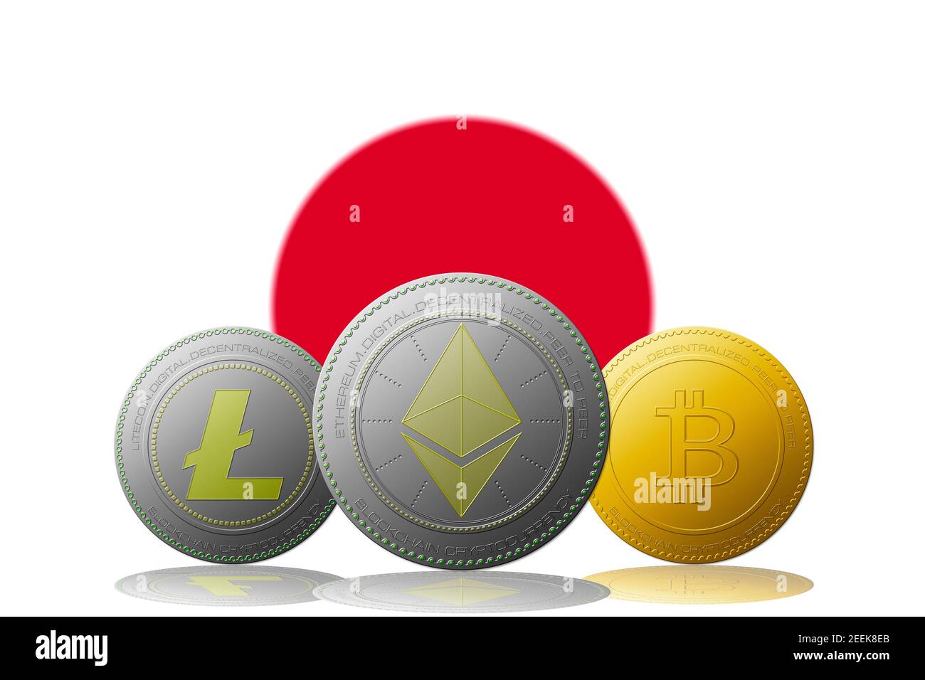 Illustration 3D Litecoin Ethereum crypto-monnaie Bitcoin avec drapeau japonais en arrière-plan. Banque D'Images