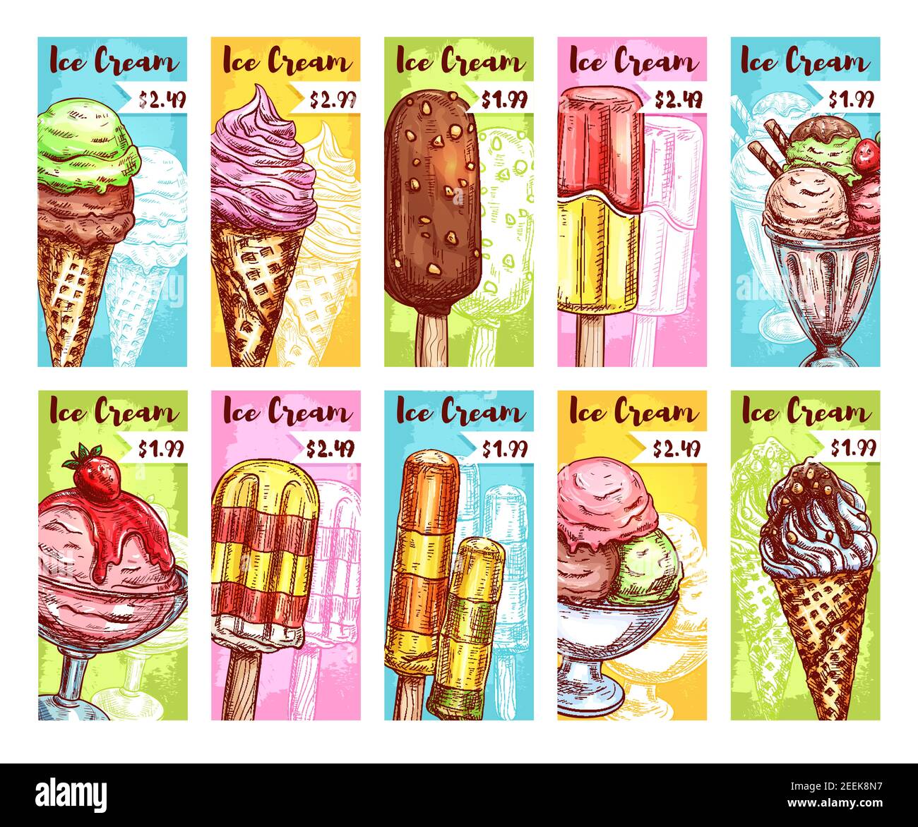 Crème glacée desserts frais cartes de prix ensemble de boules de glace congelées vectorielles en cônes de cachets, eskimo au chocolat sur gaufres, glace à la fraise dans un bol et s Illustration de Vecteur