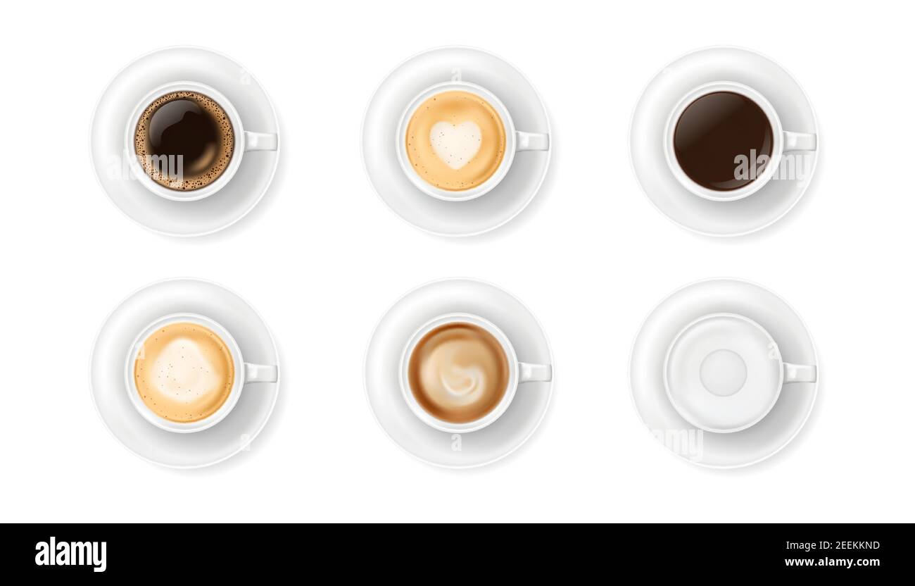 Vue de dessus de différentes tasses de café blanc sur les assiettes. Illustration vectorielle réaliste de diverses tasses à café chaud - espresso, latte, cappuccino Illustration de Vecteur