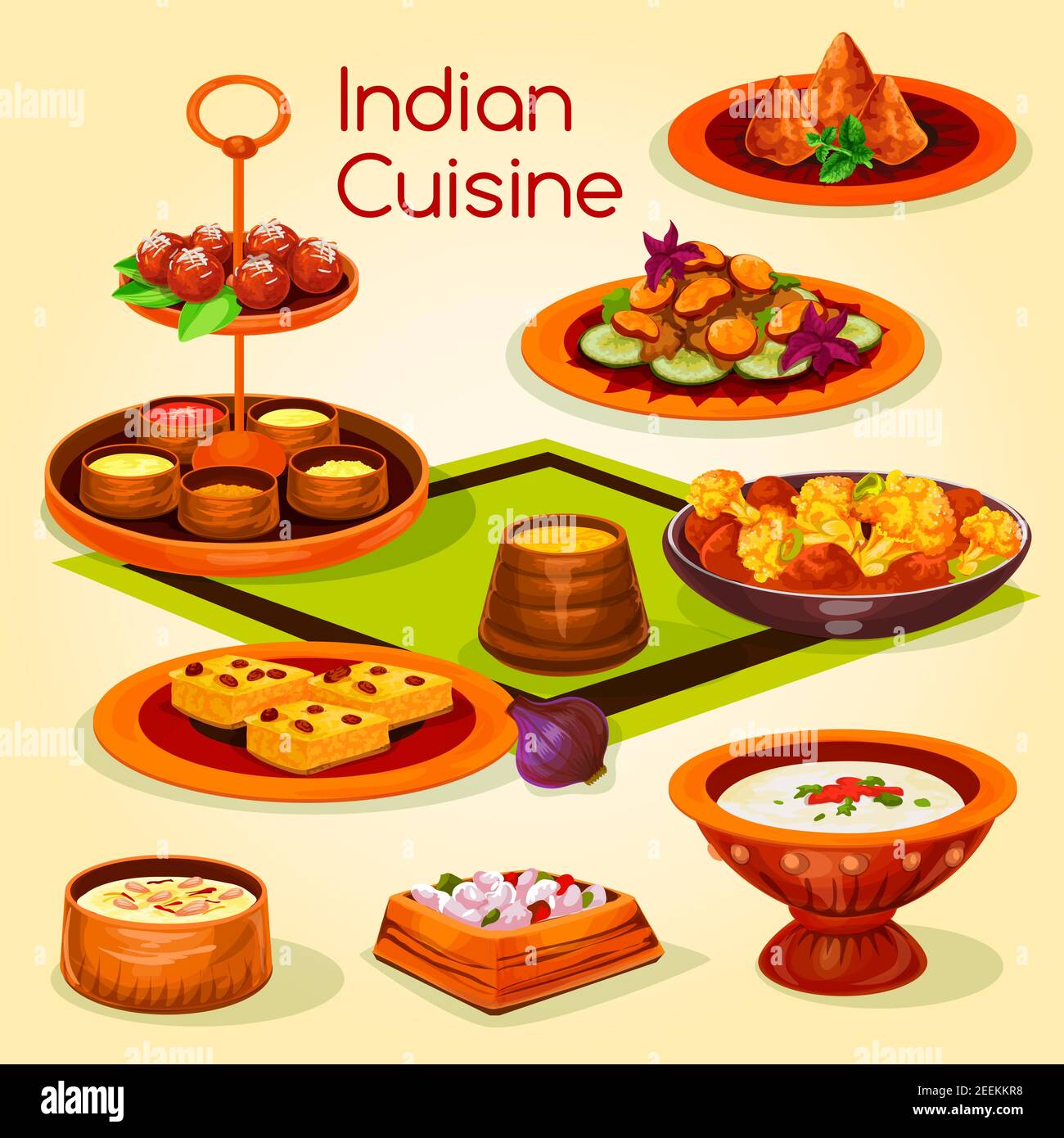 Déjeuner de cuisine indienne avec icône représentant un dessert. Poulet cuit aux légumes, samosa aux pommes de terre, sauce au yogourt aux tomates, ragoût de champignons, dessert au riz avec noix Illustration de Vecteur