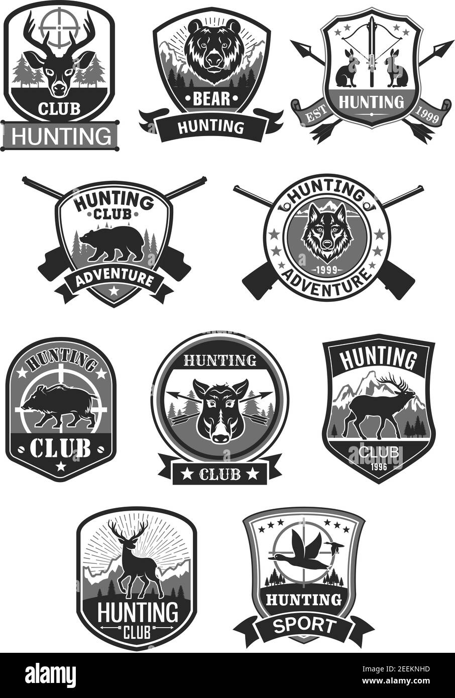 Les icônes des clubs de chasse sont pour les chasseurs aventure en saison ouverte badges vectoriels d'animaux sauvages wapitis, cerfs de forêt ou rennes et ours grizzly, loup et couche ou b Illustration de Vecteur