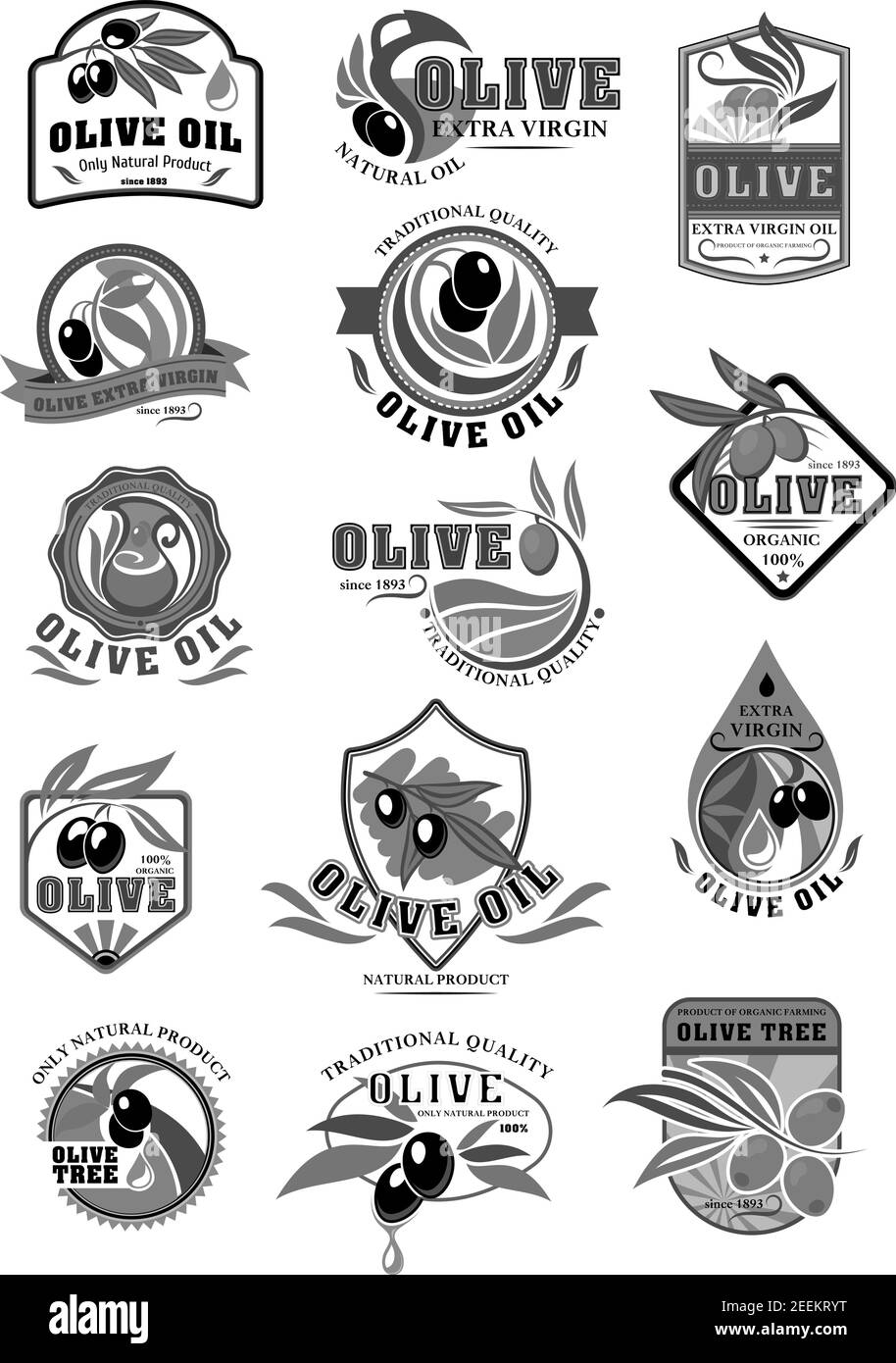 Modèles d'icônes vectorielles de produits d'huile d'olive pour bouteilles et bocaux. Ensemble isolé de symboles italiens pour la cuisine extra vierge ou l'huile de salade. Noir ou Illustration de Vecteur