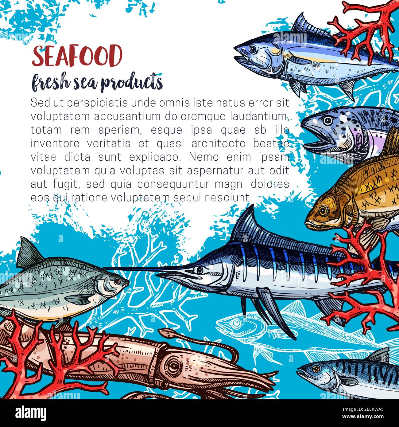 Modèle d'affiches sur les produits de la mer et les produits alimentaires du poisson pour le marché des produits de la mer et du poisson. Motif vectoriel de marlin frais, pieuvre ou plie, saumon ou thon et p Illustration de Vecteur