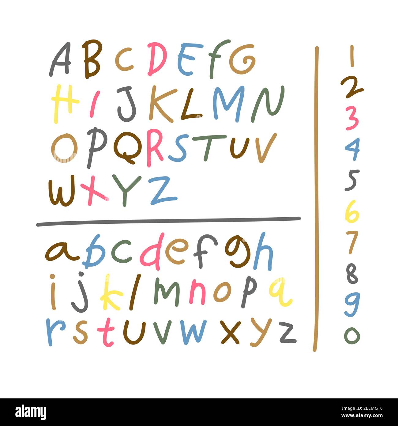 ensemble d'éléments dessinant l'alphabet de l'enfant coloré. Dessin enfant de police de l'alphabet avec des crayons de cire. Illustration vectorielle. Illustration de Vecteur