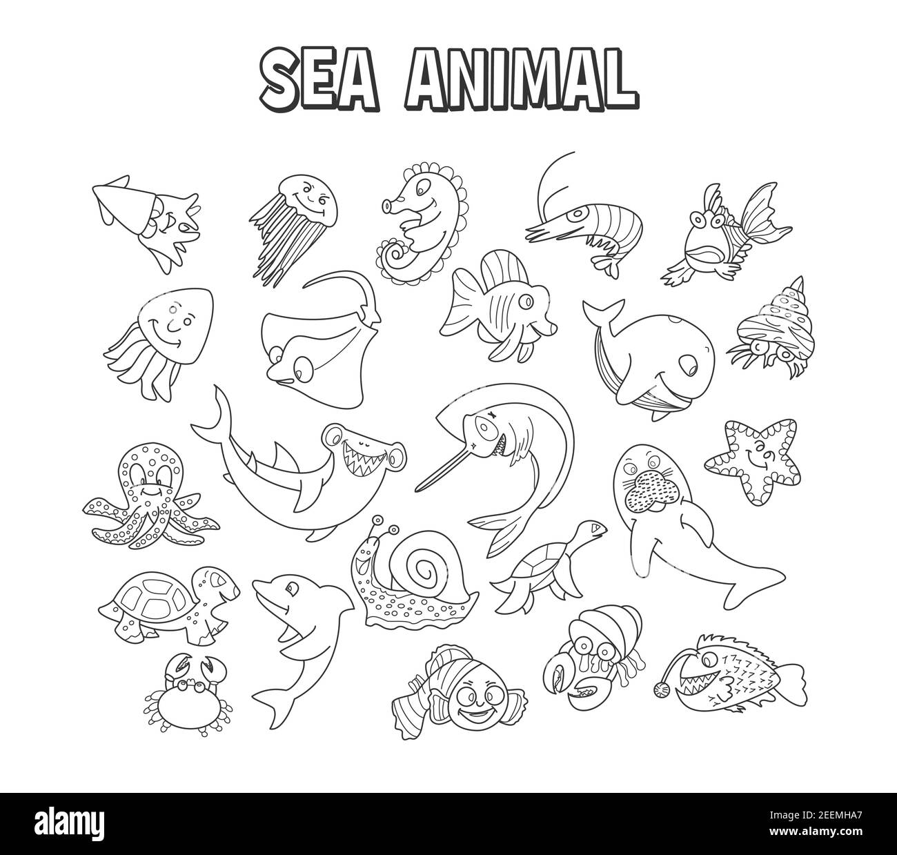 ensemble d'élément doodle sea animal. Ensemble d'animaux marins Illustration de Vecteur