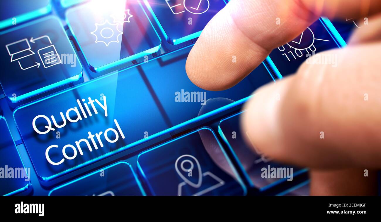 Contrôle qualité écrit sur la touche bleue du clavier d'interface. Touche de contrôle qualité du clavier conceptuel.rendu 3D. Banque D'Images