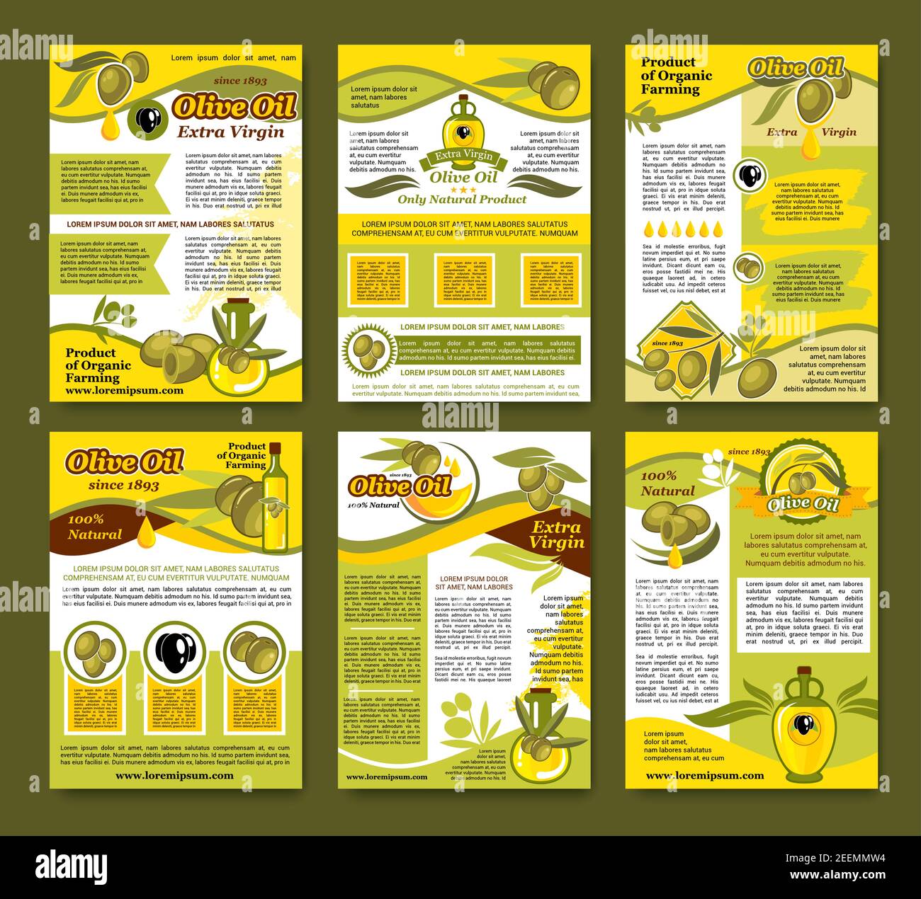 Ensemble de modèles d'affiches de produits agricoles biologiques à l'huile d'olive. Fruit d'olive noir et vert, bouteille d'huile extra vierge, badges de branche d'olivier avec ruban bann Illustration de Vecteur