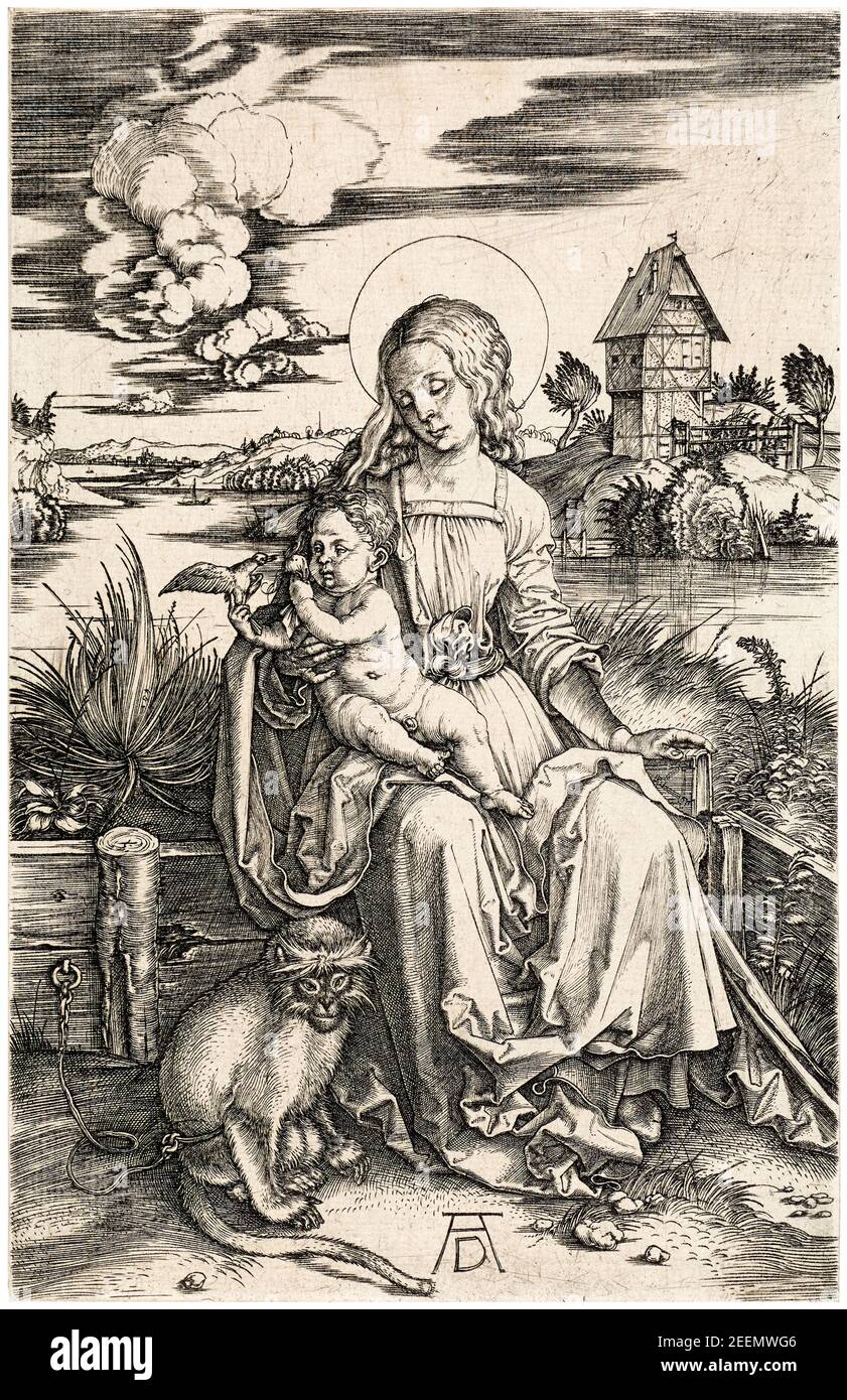 Albrecht Dürer, la Vierge à l'enfant avec un singe, gravure, vers 1498 Banque D'Images