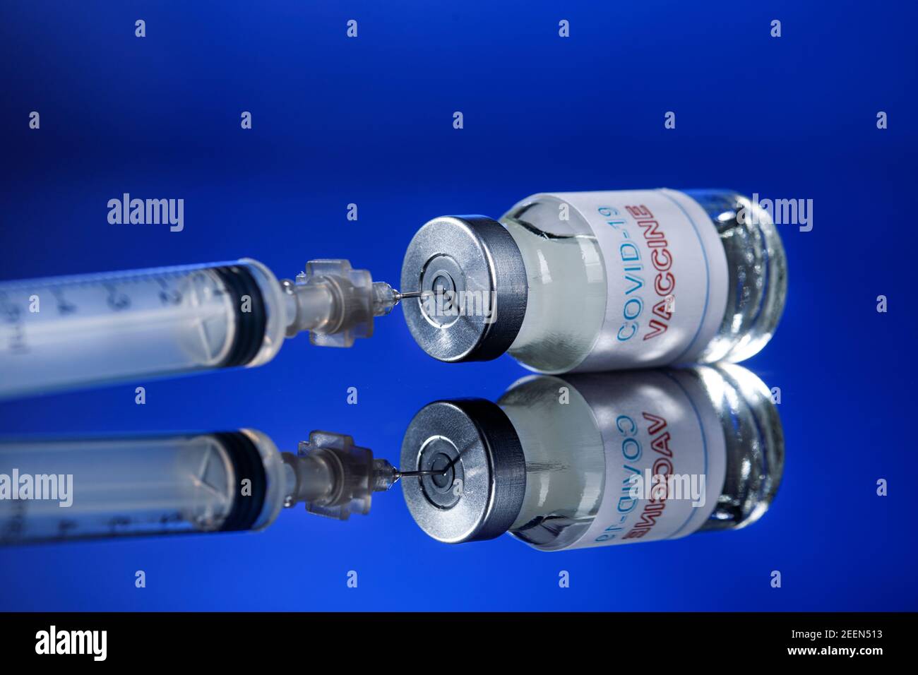 dessin du vaccin anti-covid avec une seringue à partir d'un filet de verre, isolé sur fond réfléchissant Banque D'Images