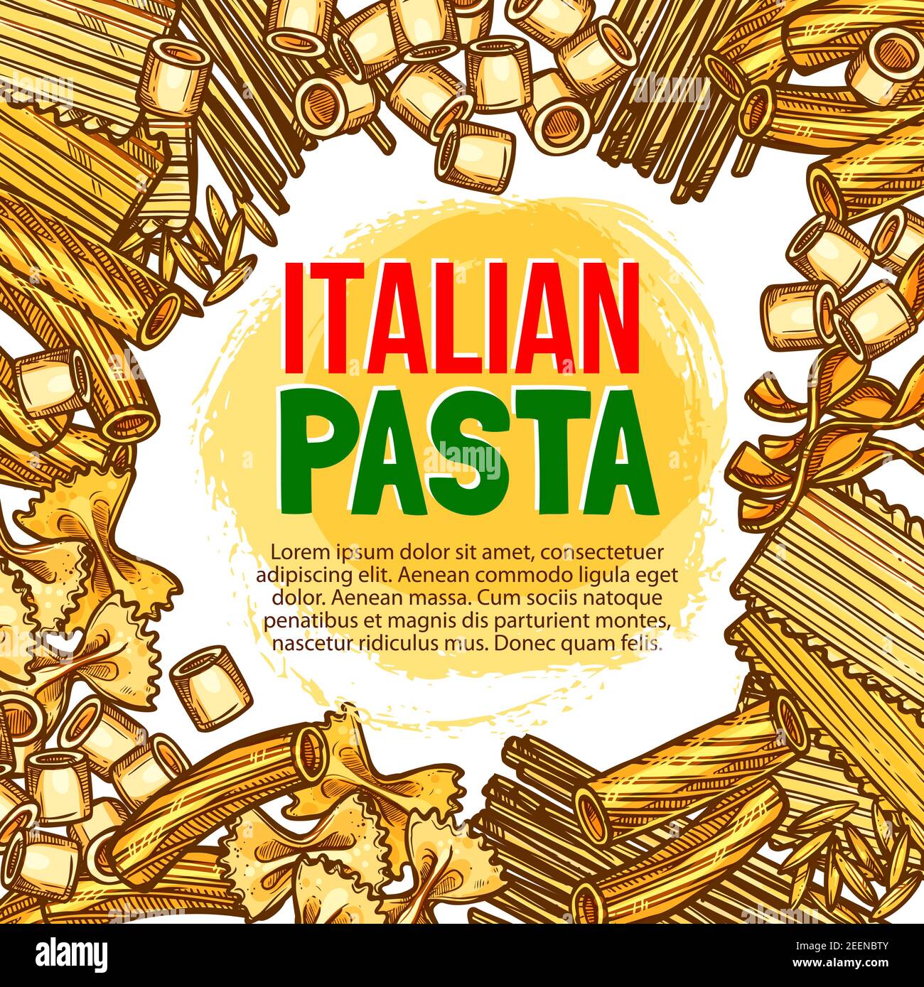 Modèle d'affiche de croquis de pâtes italiennes pour le restaurant de cuisine italienne. Spaghetti vectoriels, fettuccine ou farfalle et tagliatelle, raviol de blé dur fait à la main Illustration de Vecteur