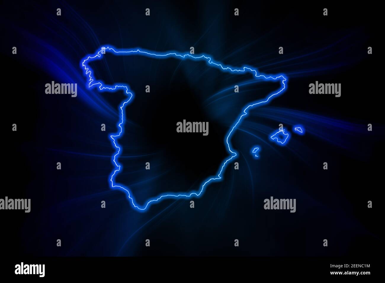 Carte lumineuse de l'Espagne, carte moderne bleue, sur fond sombre Banque D'Images