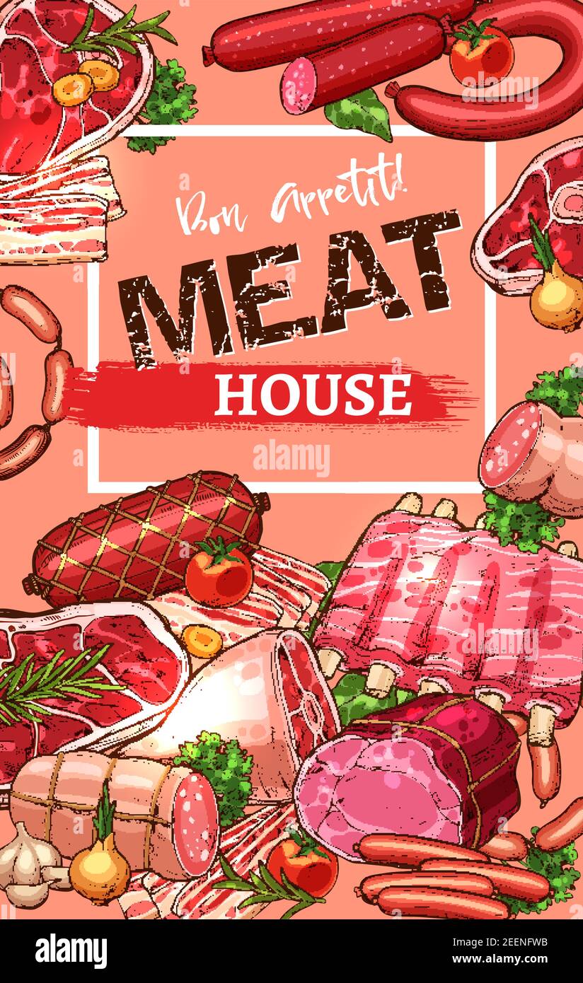Affiche de croquis de charcuterie de maison de viande pour le marché