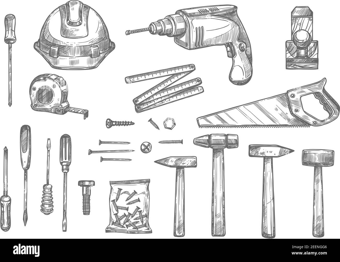 Les icônes d'esquisse des outils de réparation, de menuiserie et de travail du bois sont définies. Casque de sécurité Vector isolé, perceuse électrique ou scie et perceuse, règle à ruban ou plas Illustration de Vecteur