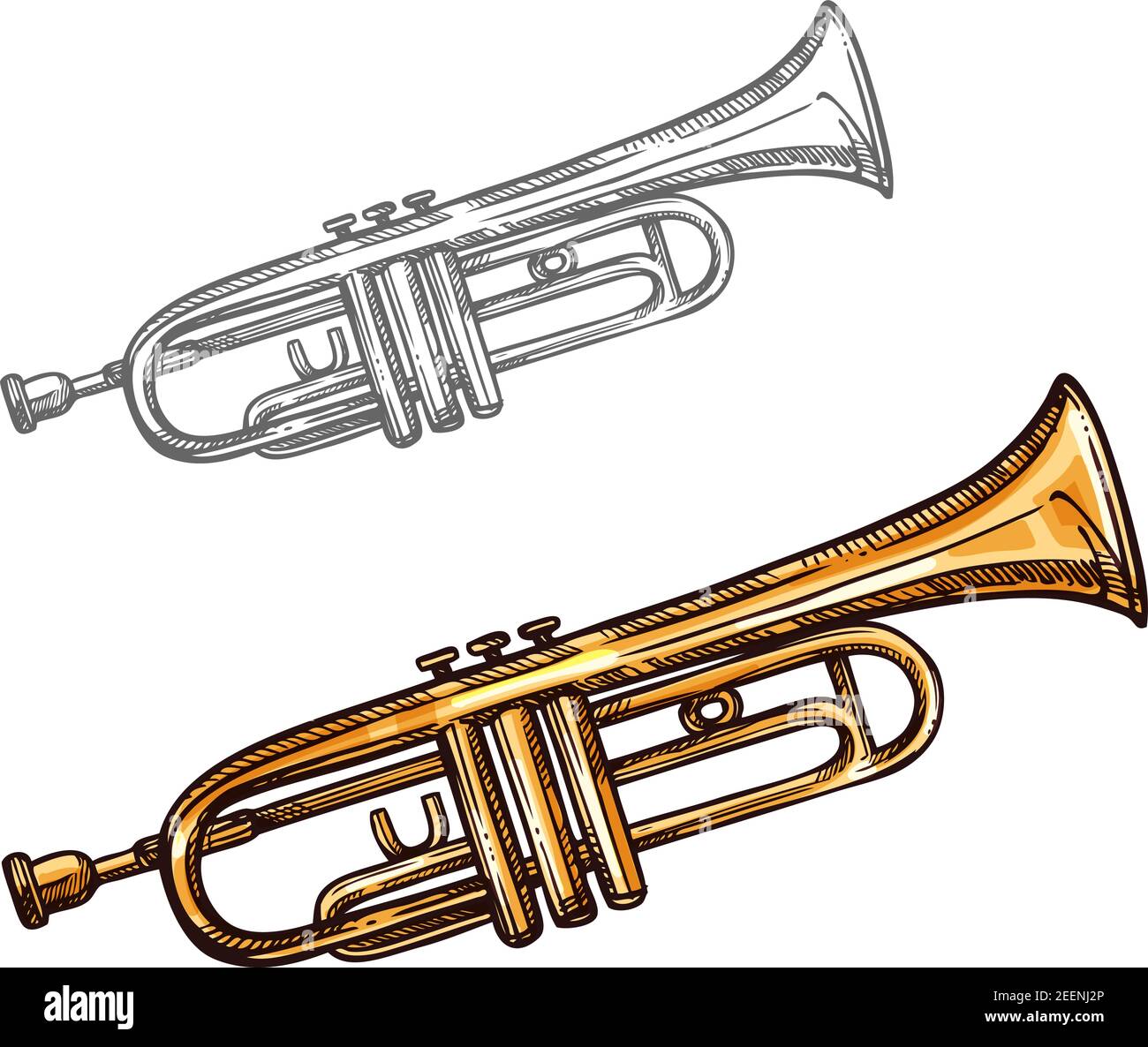 Icône d'esquisse d'instrument de musique trompette. Trombone de laiton  isolé vectoriel, cornet vintage ou tuba à corne alto rétro pour le jazz ou  le concert de musique classique Image Vectorielle Stock -