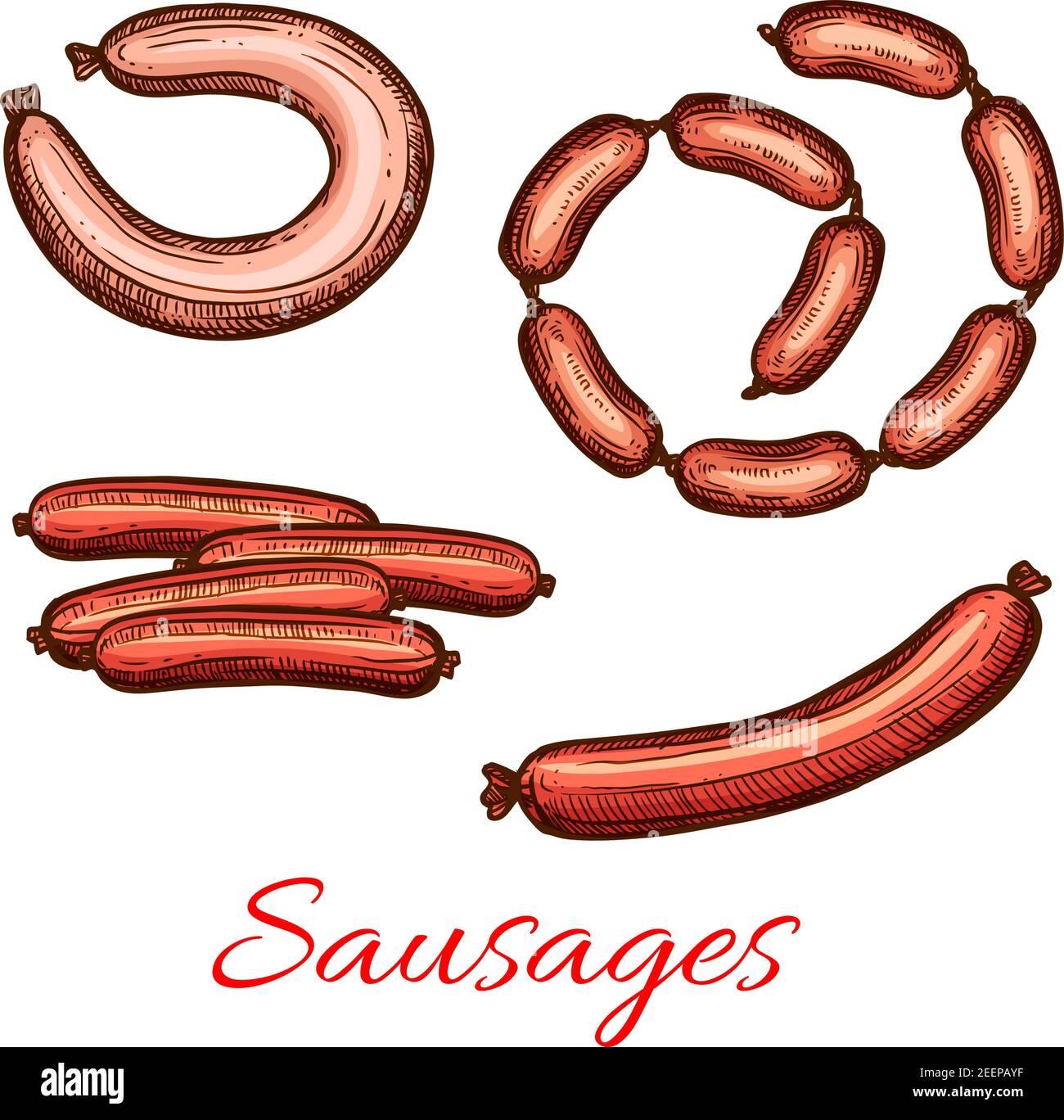 Icônes de saucisses et de pains. Vector sketch ensemble de saucisses de viande pour boucherie épicerie fine de chorizo de porc, lyon ou Chipolata avec kielbasa o Illustration de Vecteur