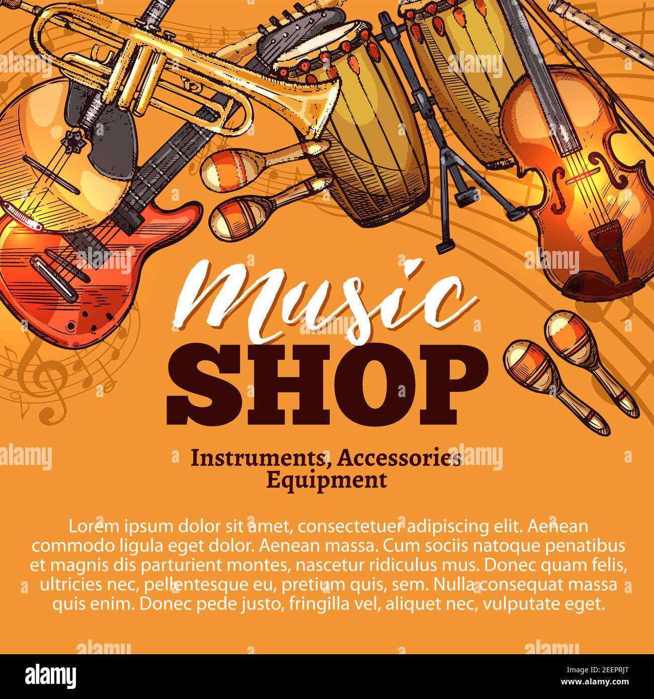 Affiche d'esquisse de la boutique de musique sur les instruments de musique et les accessoires. Guitare rock vectoriel ou folk banjo ukulele et orchestre violon violon violon violon violon violon violon et contrebasse o Illustration de Vecteur
