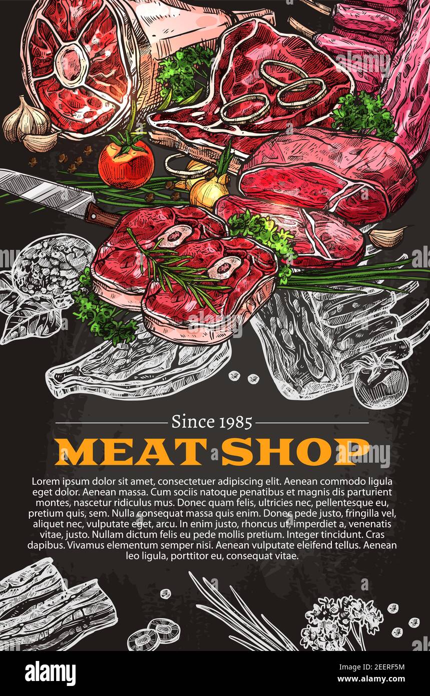 Magasin de viande affiche de charcuterie de la boutique de boucherie. Dessin vectoriel de viande de boucherie agricole et saucisse, jambon ou bacon et barbecue steak bisket, sirlo Illustration de Vecteur