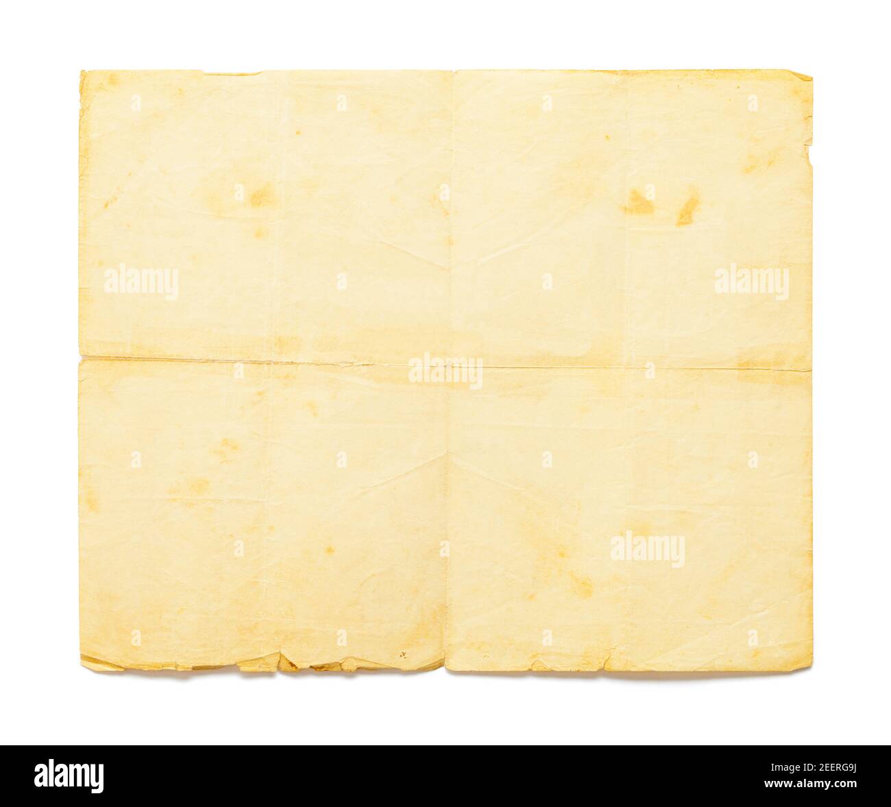 Vieux papier texture avec plis, taches d'âge et bords déchirés découpe. Banque D'Images