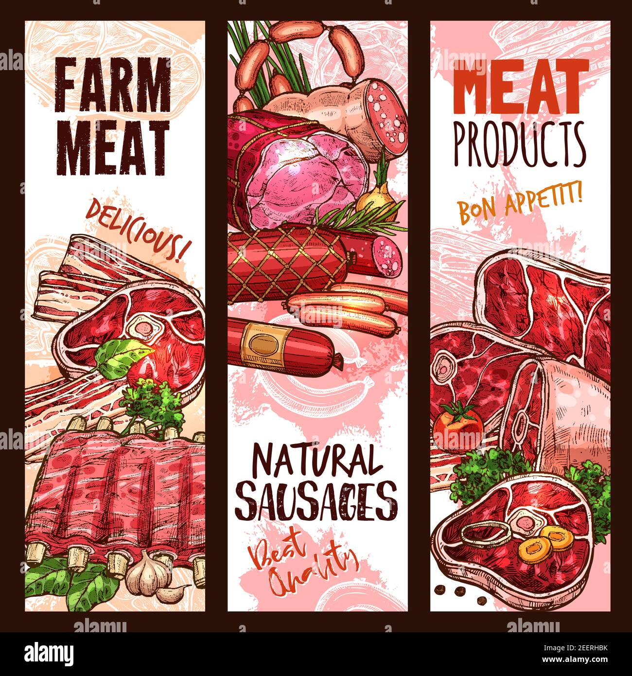 Produits de la ferme de viande et saucisses naturelles ou charcuterie de jambon de porc, bacon ou steak de boeuf, côtelettes de mouton et filet de porc, salami et pepperoni ou Illustration de Vecteur