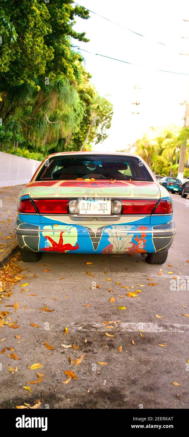 Voitures peintes de façon créative à Key West, Floride, FL, États-Unis. Le point le plus méridional dans la zone continentale des États-Unis. Destination de vacances sur l'île. Banque D'Images