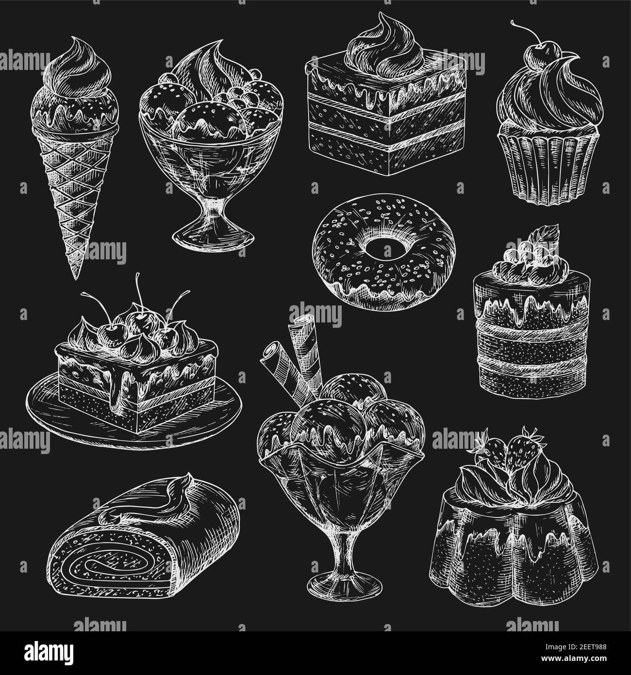 Dessin de la craie au gâteau et à la crème glacée sur le tableau noir. Gâteau, cupcake, beignet, crème glacée et dessert sundae, muffin, pudding aux fruits, tarte aux baies, chocolat sw Illustration de Vecteur