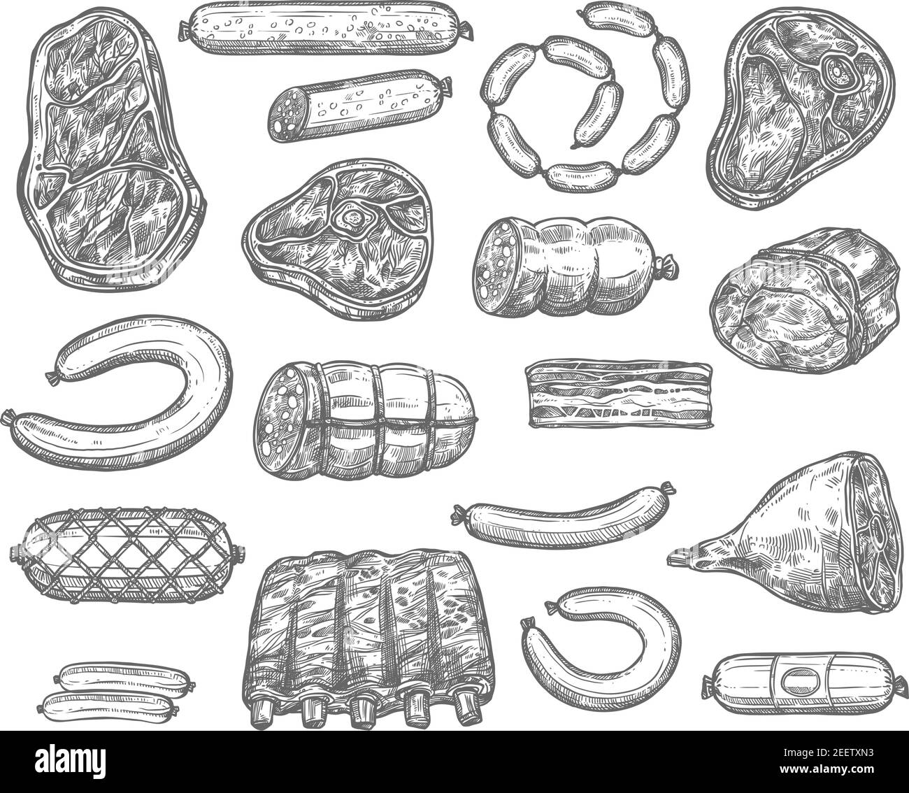 Les produits de viande et les saucisses sont des icônes de dessin. Ensemble vectoriel isolé de pepperoni, cervelat ou saucisse de salami, filet de porc ou poitrine de porc et stea de bœuf Illustration de Vecteur