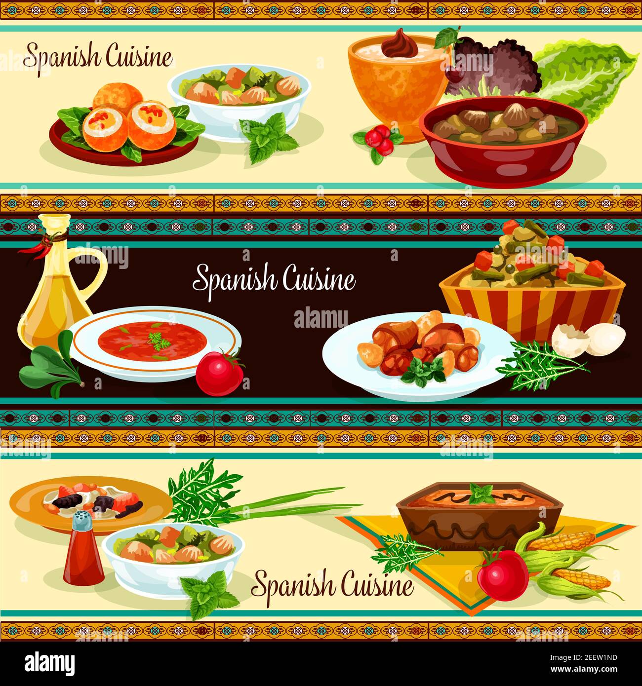 Bannière de restaurant espagnol avec cuisine traditionnelle de l'Espagne. Ragoût de légumes à la viande, jambon, saucisse et soupe de haricots, poulet dans une sauce au vin, dessert au riz Illustration de Vecteur