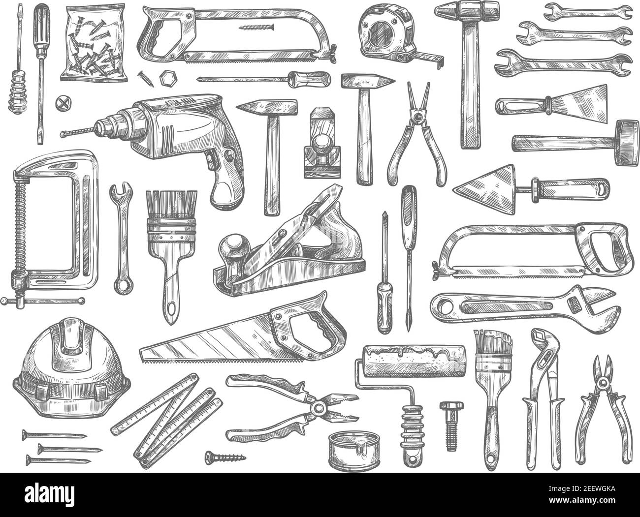 Icônes d'esquisse des outils de réparation de maison. Ensemble vectoriel isolé de perceuse, scie ou marteau pour la construction à domicile et meuleuse pour menuiserie, règle ou vis Illustration de Vecteur
