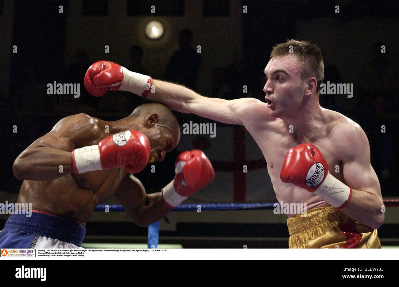 Boxe - Championnat intercontinental de poids-lourd IBO - Samuel Malinga (à gauche) bat Colin Lynes (à droite) - York Hall 8/3/03 Samuel Malinga (à gauche) bat Colin Lynes (à droite) crédit obligatoire: Action Images - John Sibley Banque D'Images