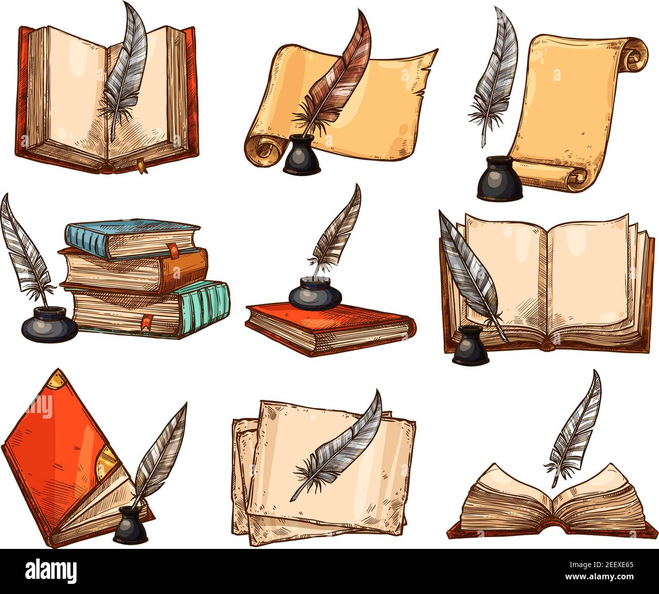 Ancien livre et rouleau en papier avec stylo plume vintage et jeu de croquis à l'encre. Stylo antique de quill avec parchemin et livre ouvert avec page vide vecteur isolé Illustration de Vecteur