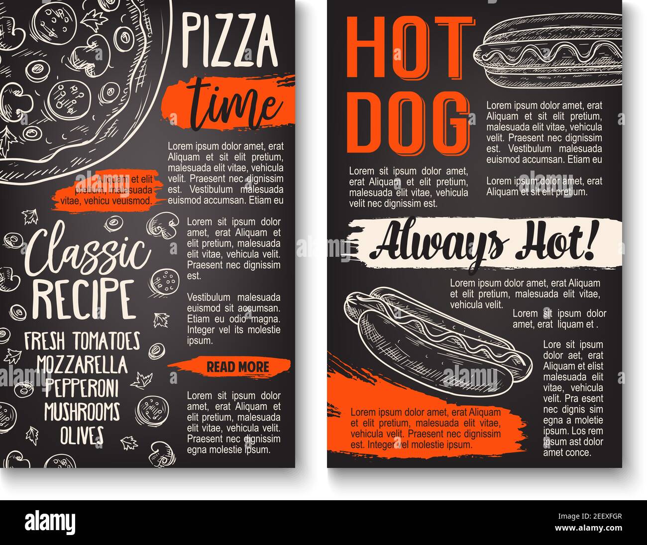 Affiche sur le tableau noir des pizzas et des sandwiches pour hot-dogs. Garniture de pizza italienne et modèle de menu d'ingrédients pour hot dog avec tomates, olives et fromage, saus Illustration de Vecteur