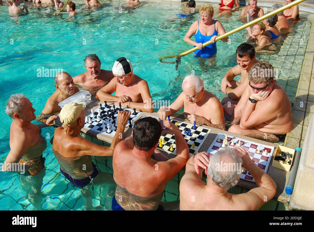Les hommes jouant aux échecs dans des piscines thermales en plein air, des bains Szechenyi, Varosliget, Pest, Budapest, Hongrie Banque D'Images