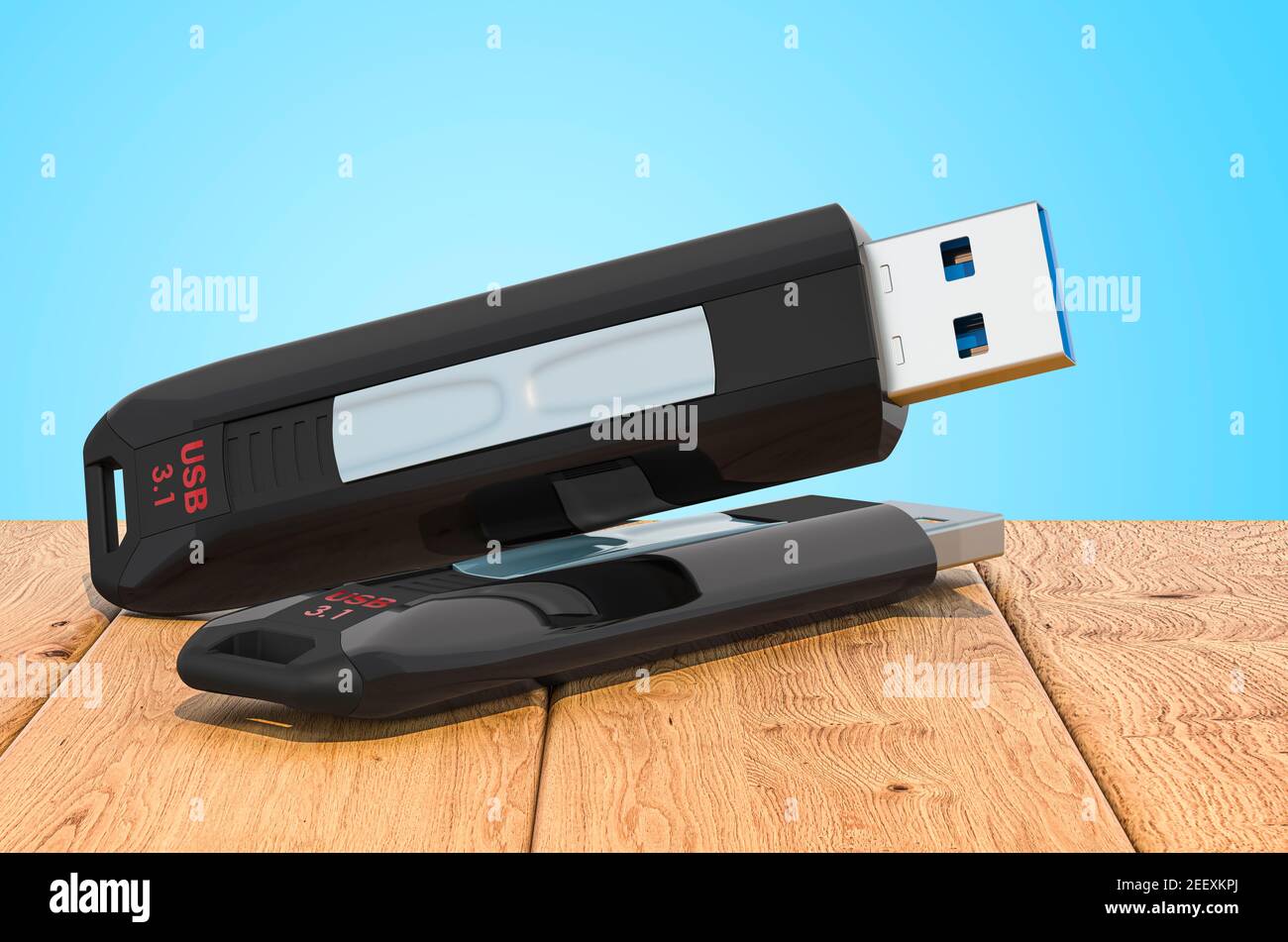 Clé USB sur les planches en bois, rendu 3D Banque D'Images